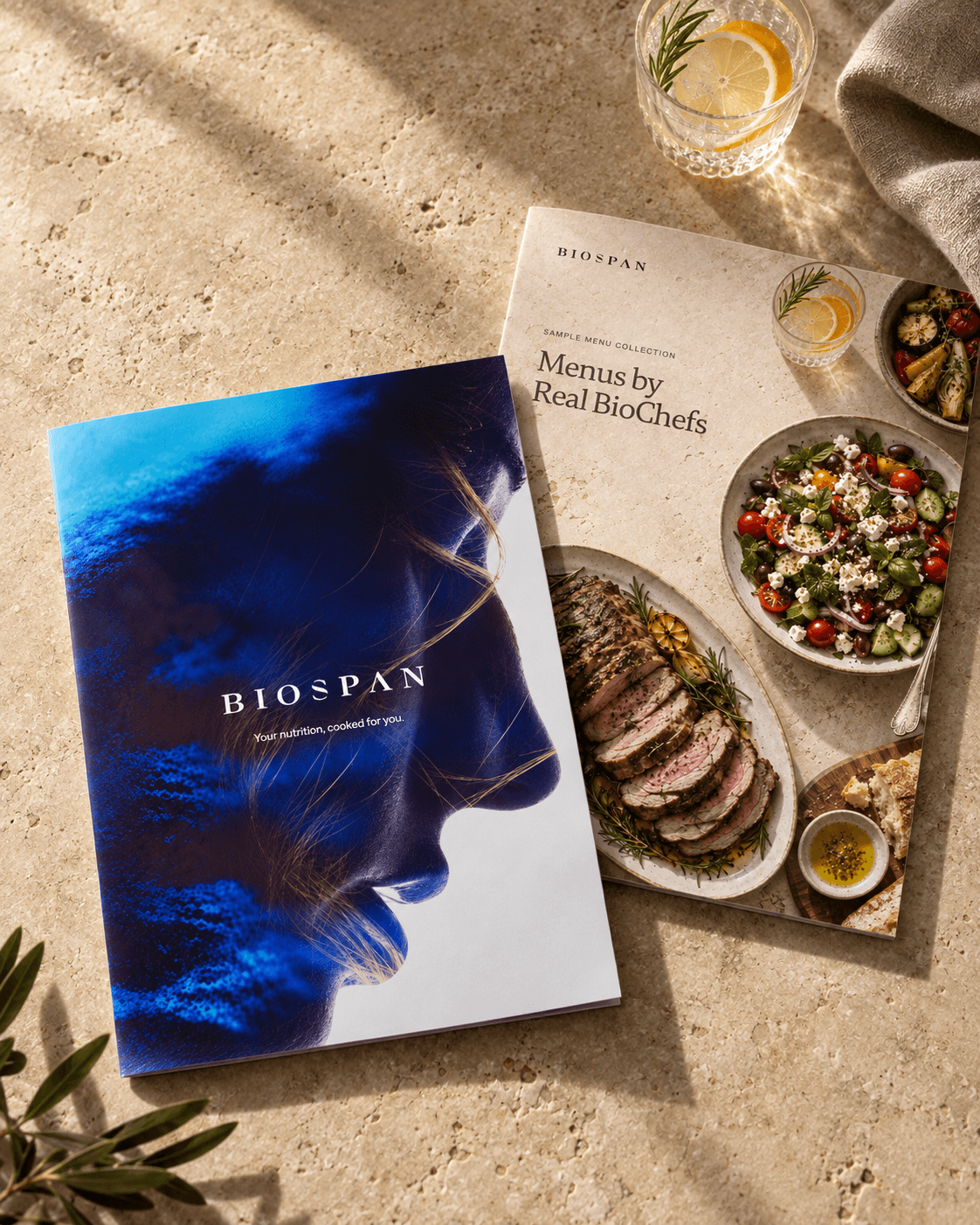 The Biospan BioCheffing brochure and the sample menus book on a table