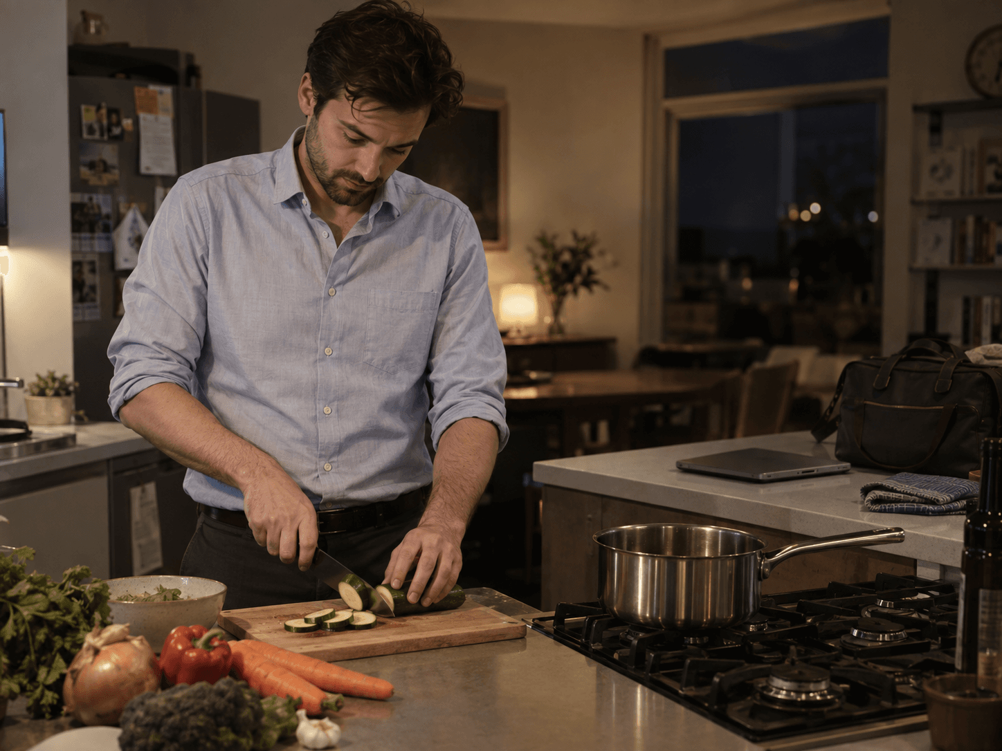 A man still in his work shirt chopping vegetables in his kitchen late in the evening