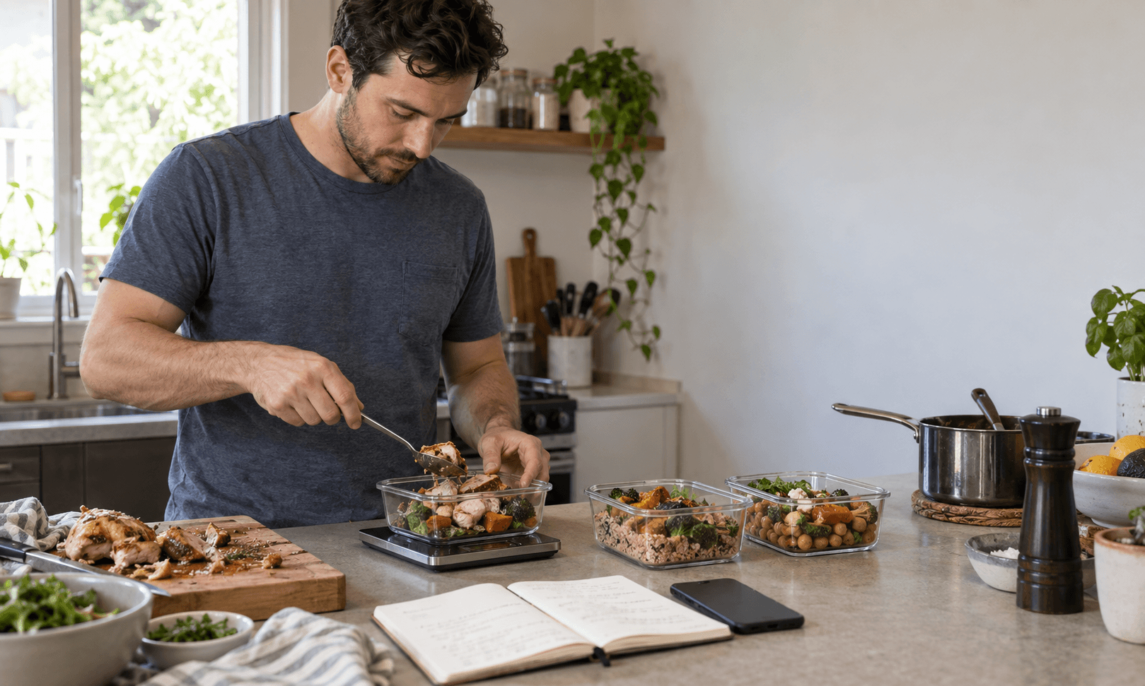 A man weighing and portioning his own meals into glass containers in his kitchen
