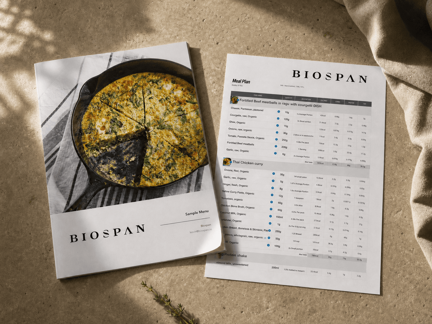 A printed Biospan sample menu and meal plan with per-ingredient macros