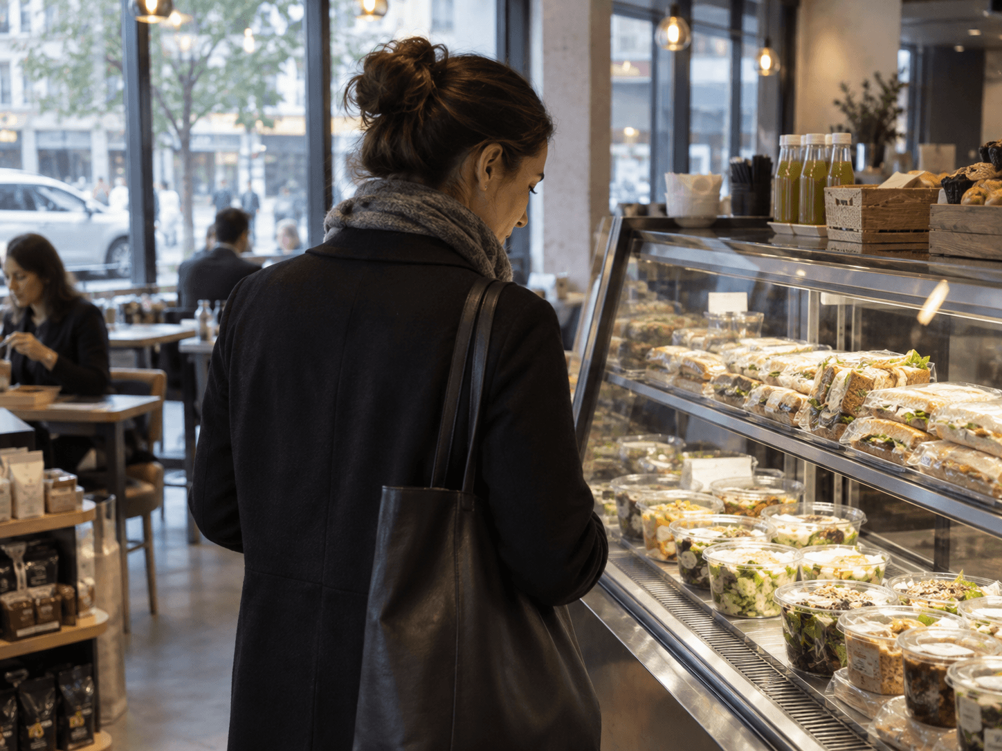 A woman looking over packaged sandwiches and salads in a city deli