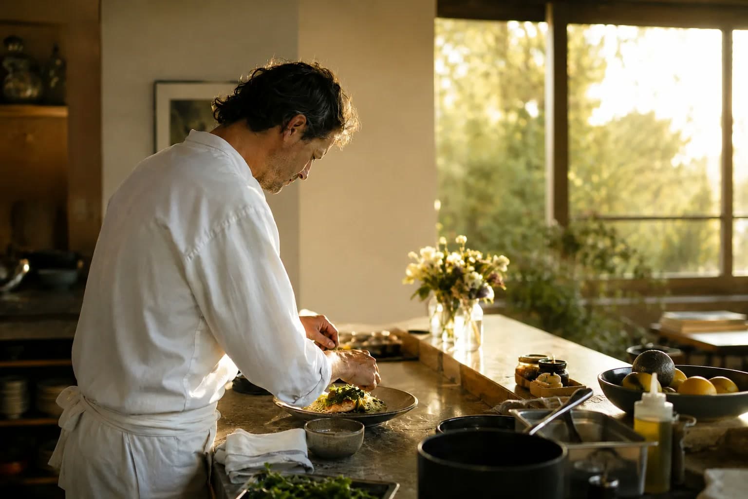 A private chef plating a meal in a family kitchen