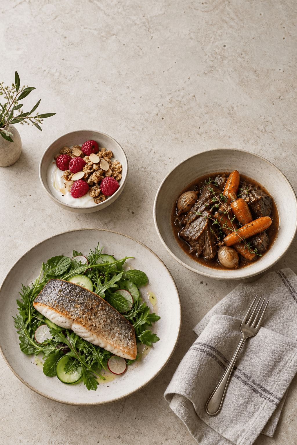 An overhead spread of chef-prepared meals: sea bass salad, a beef stew and a yoghurt bowl
