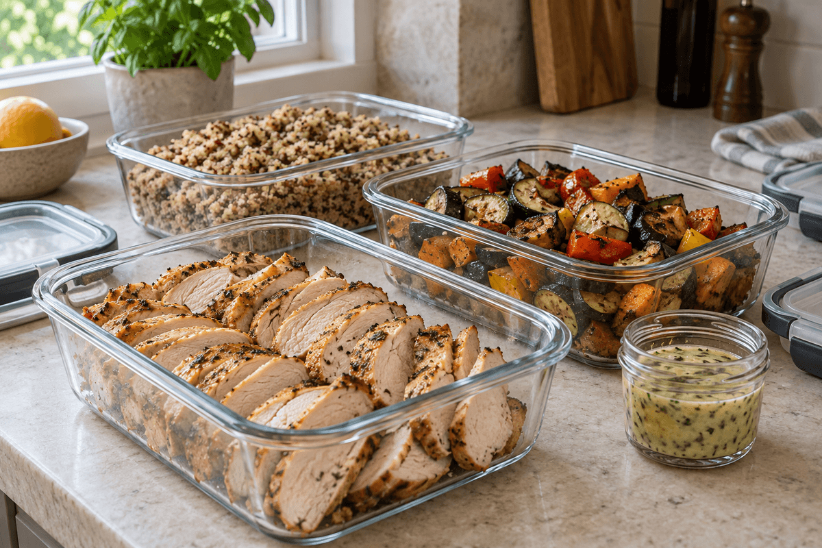 Sliced chicken, grains, roasted vegetables and a jar of sauce in separate containers