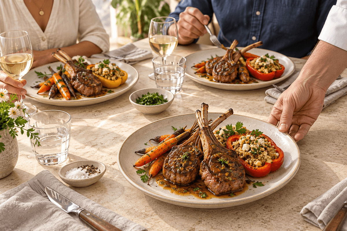 Lamb chops with roasted carrots and a stuffed pepper, served at the table