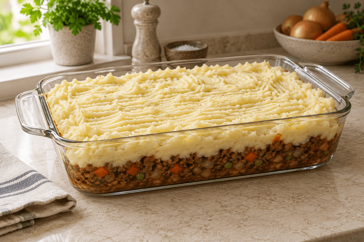 A shepherd's pie in a glass dish, ready for the oven