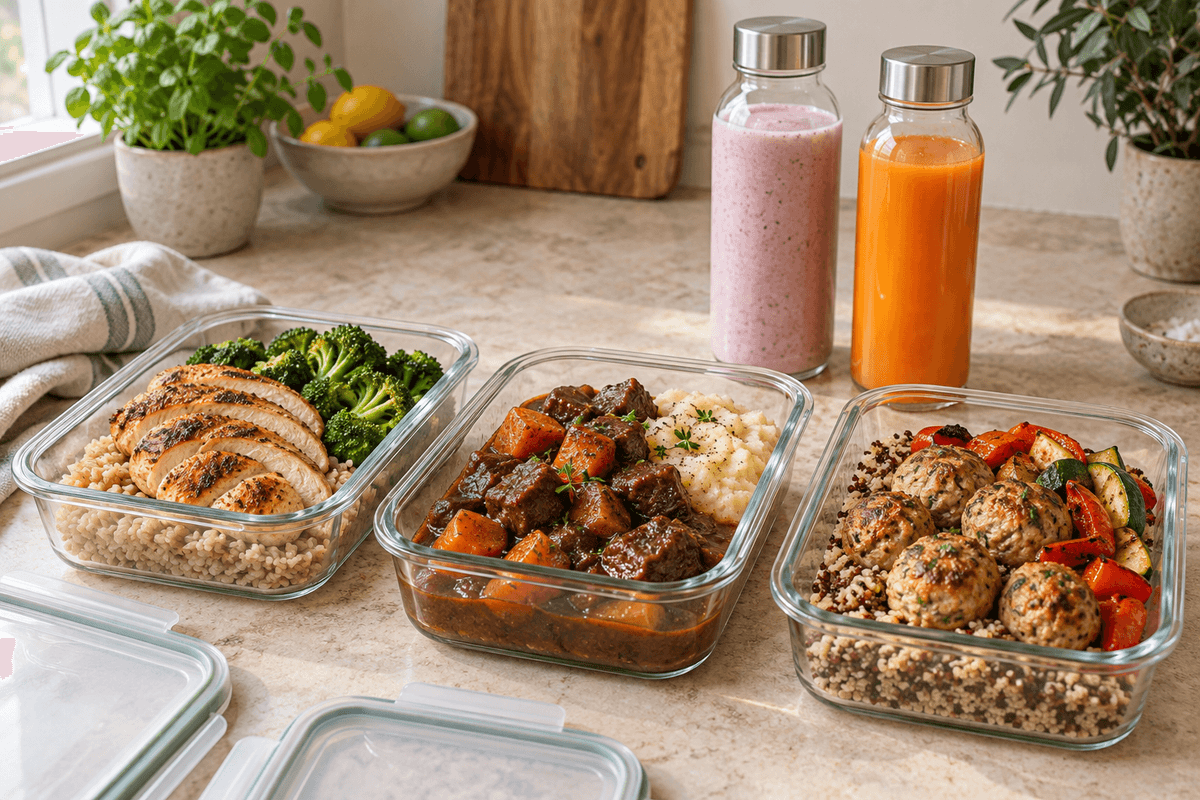 Three glass containers of prepared meals with bottled smoothies and juice