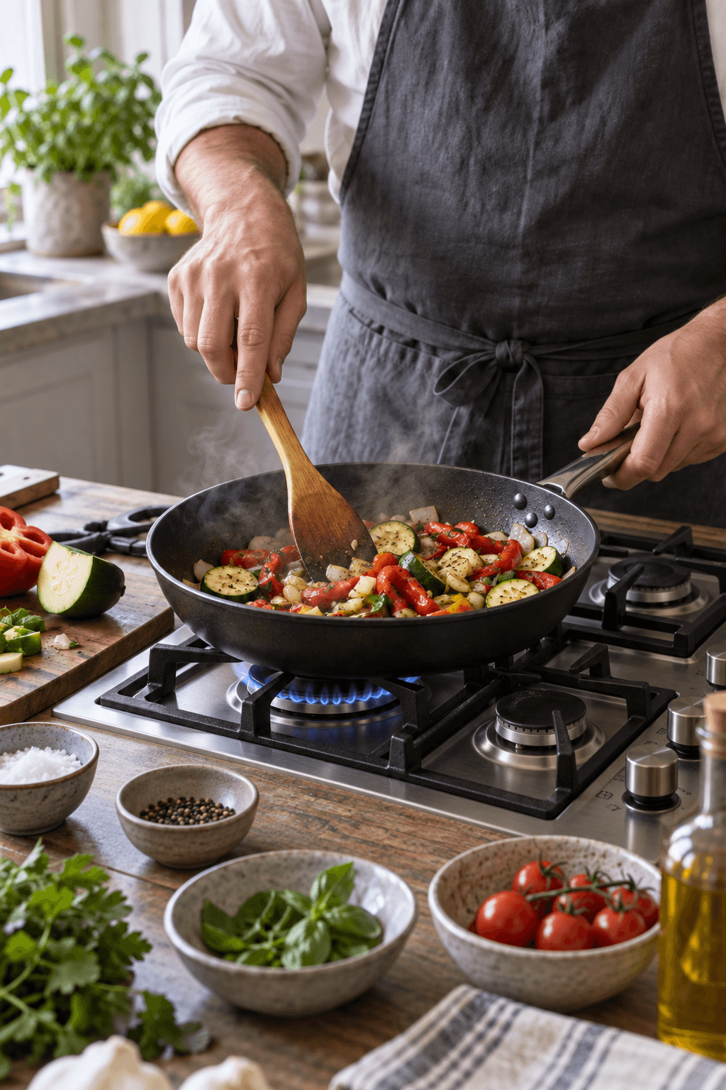 A chef stirring vegetables in a pan on a gas hob, with herbs, tomatoes and olive oil alongside