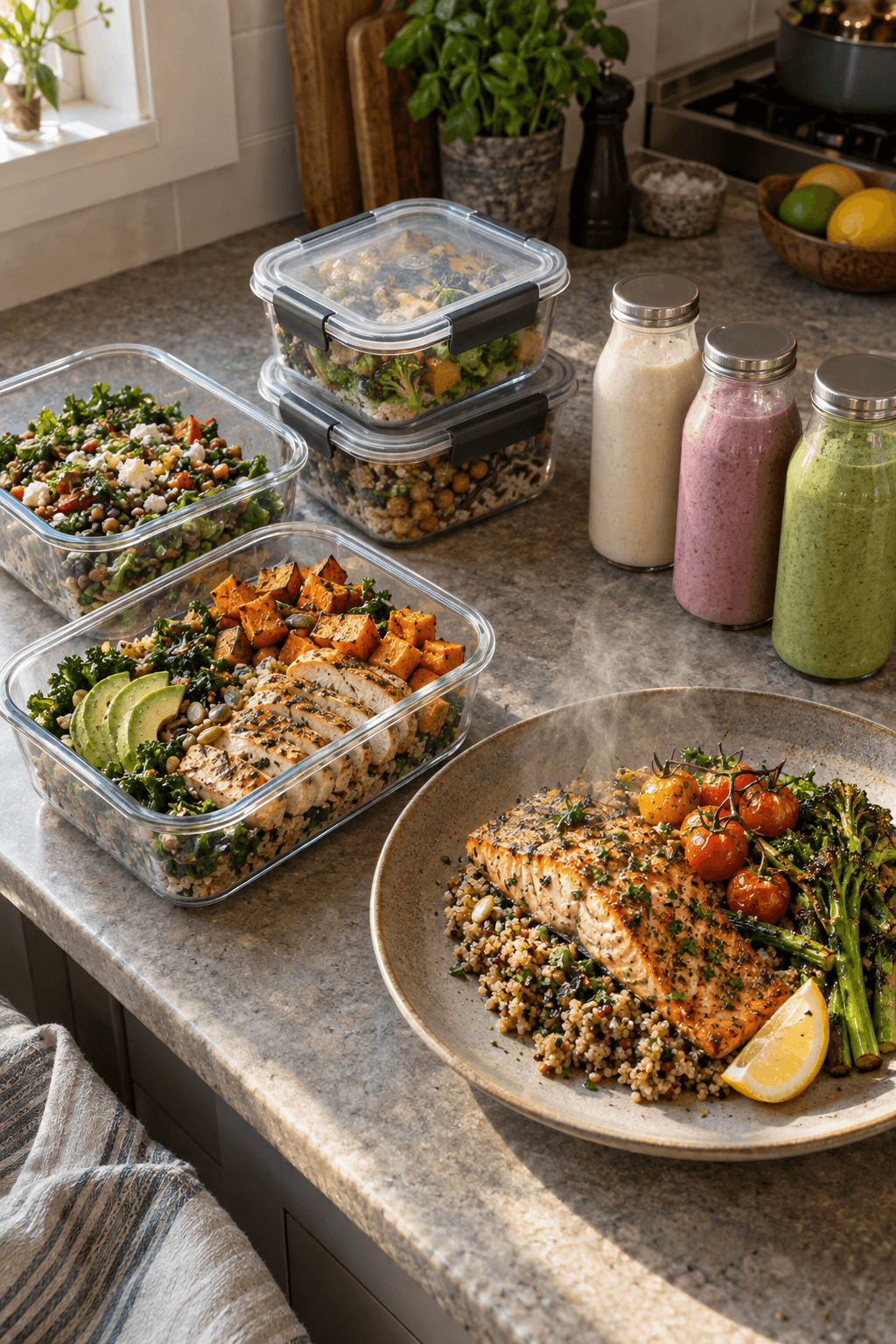 Portioned meals in glass containers, bottled drinks and a plate of salmon with greens on a kitchen counter