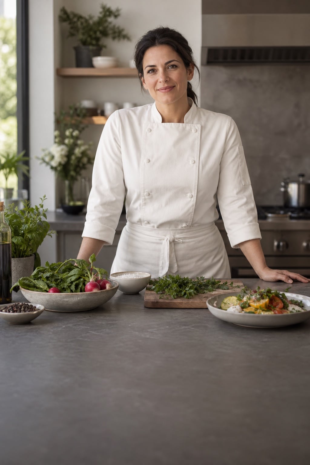 A chef in whites at a kitchen counter with bowls of fresh produce