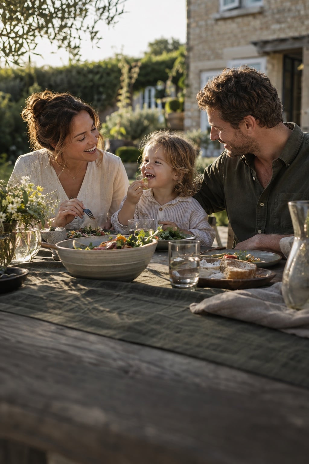 A family of three laughing over lunch at a wooden table in the garden