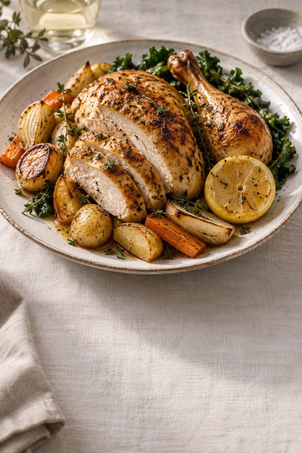 A roast chicken with lemon, potatoes and carrots on a serving plate