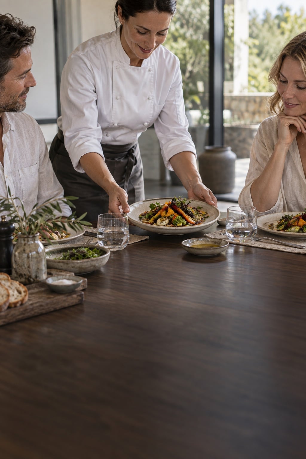 A chef serving plated dishes to a couple at a long dining table