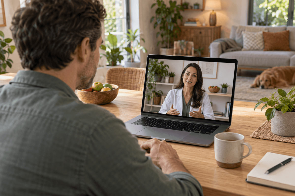 A client on a video call with a nutrition practitioner at his dining table