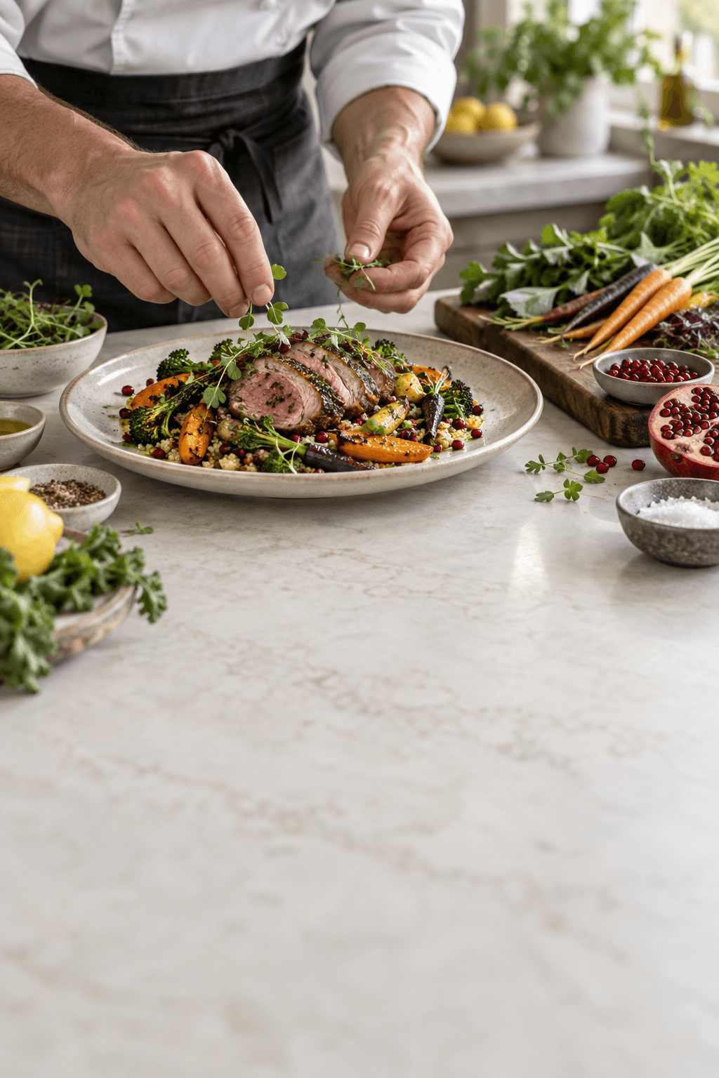 A chef's hands finishing a plate of sliced beef, roasted vegetables and greens on a marble counter