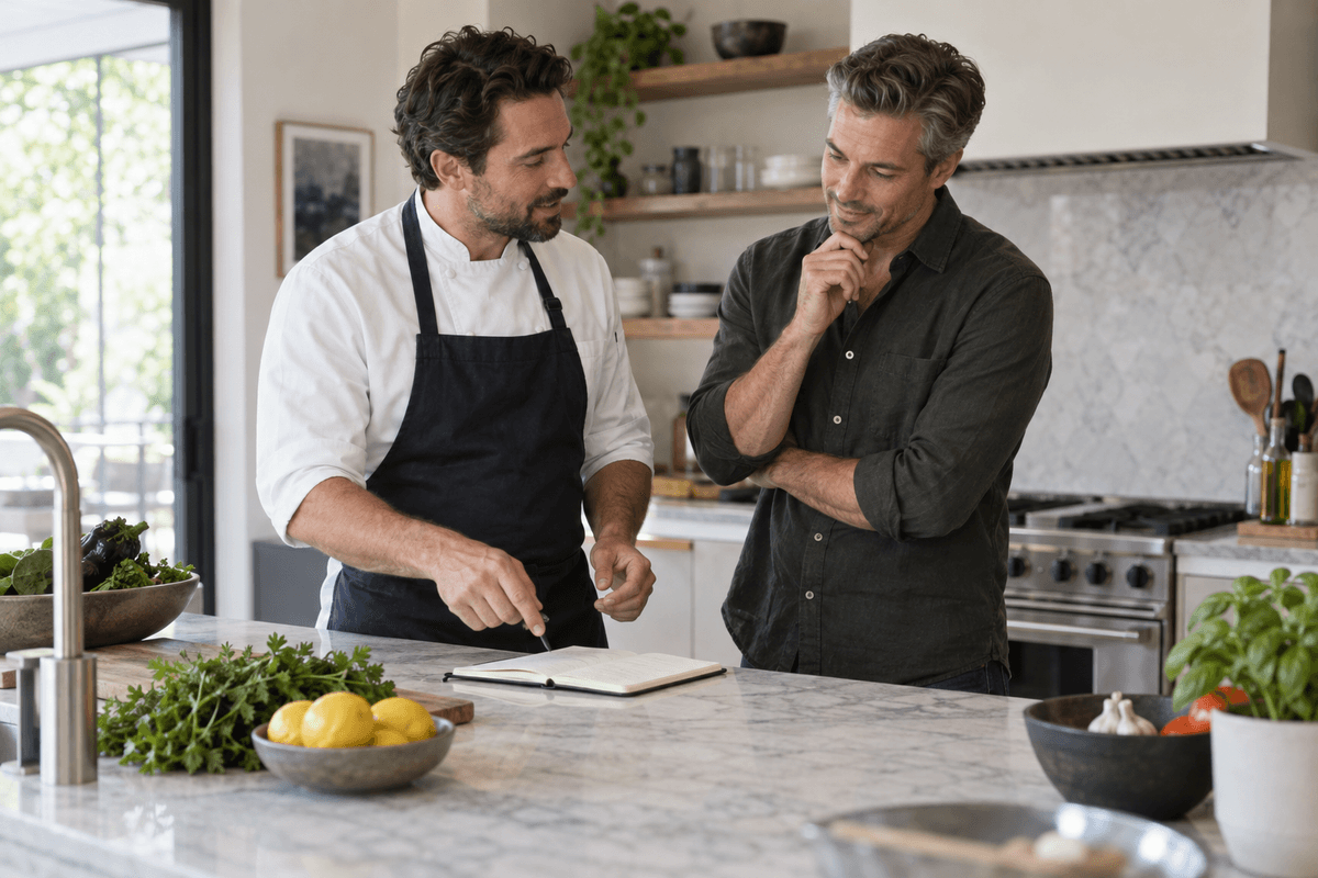A chef and a client talking through the week's menu at the kitchen island