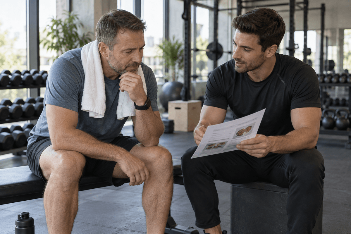 A personal trainer and his client reviewing a nutrition plan in a gym