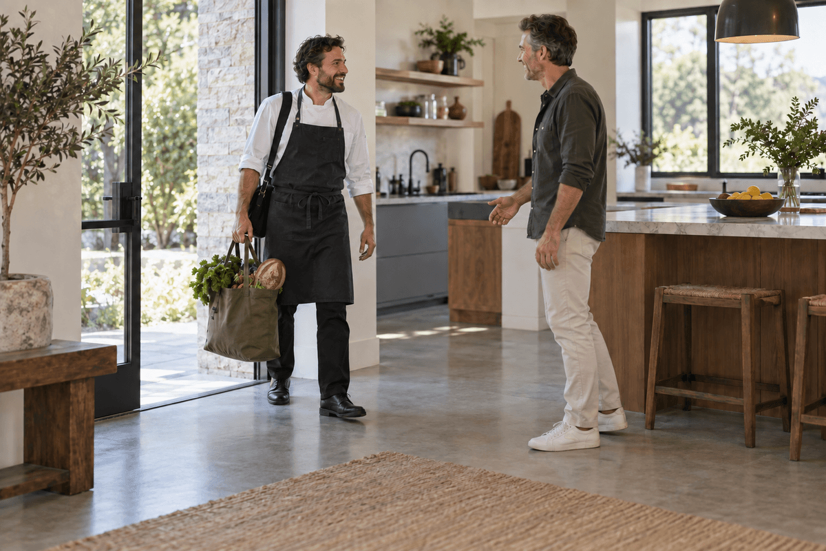 A chef arriving at a client's home with a bag of groceries, greeted at the door