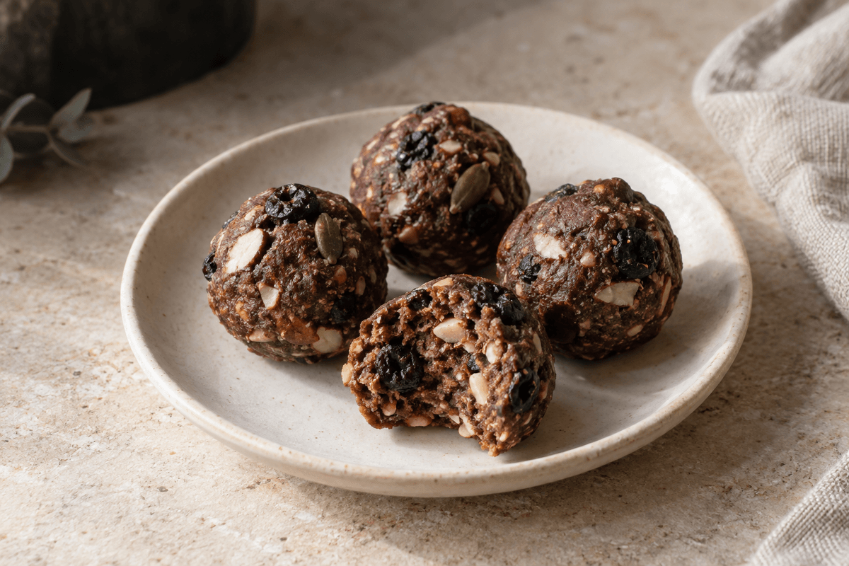 Blueberry protein balls on a small plate