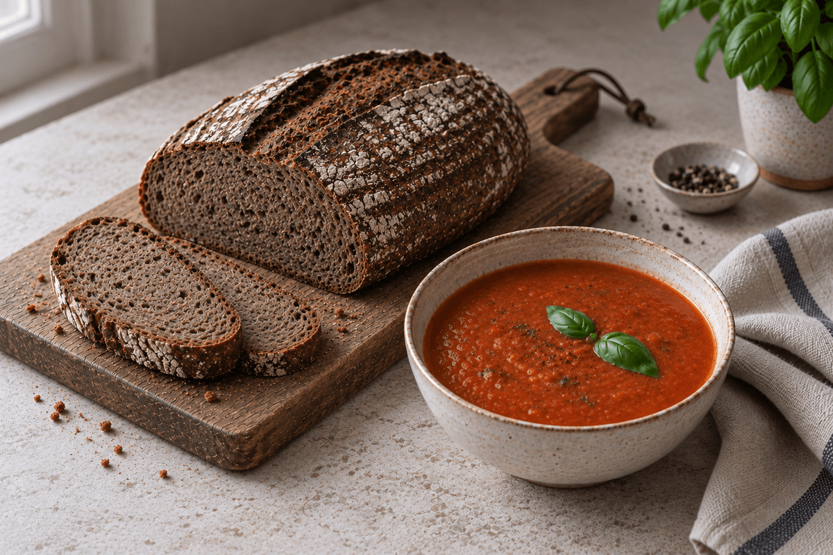 Sliced rye sourdough on a board with a bowl of roasted tomato soup