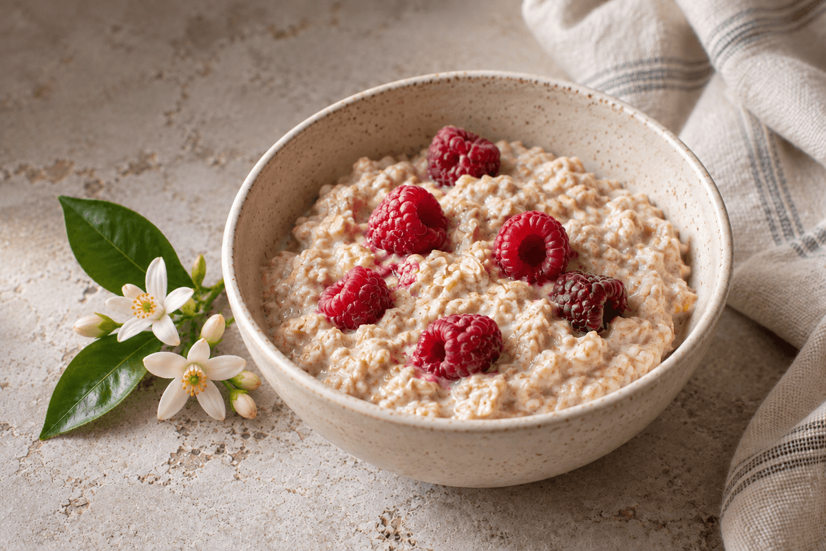 Overnight oats topped with raspberries, with orange blossom beside the bowl