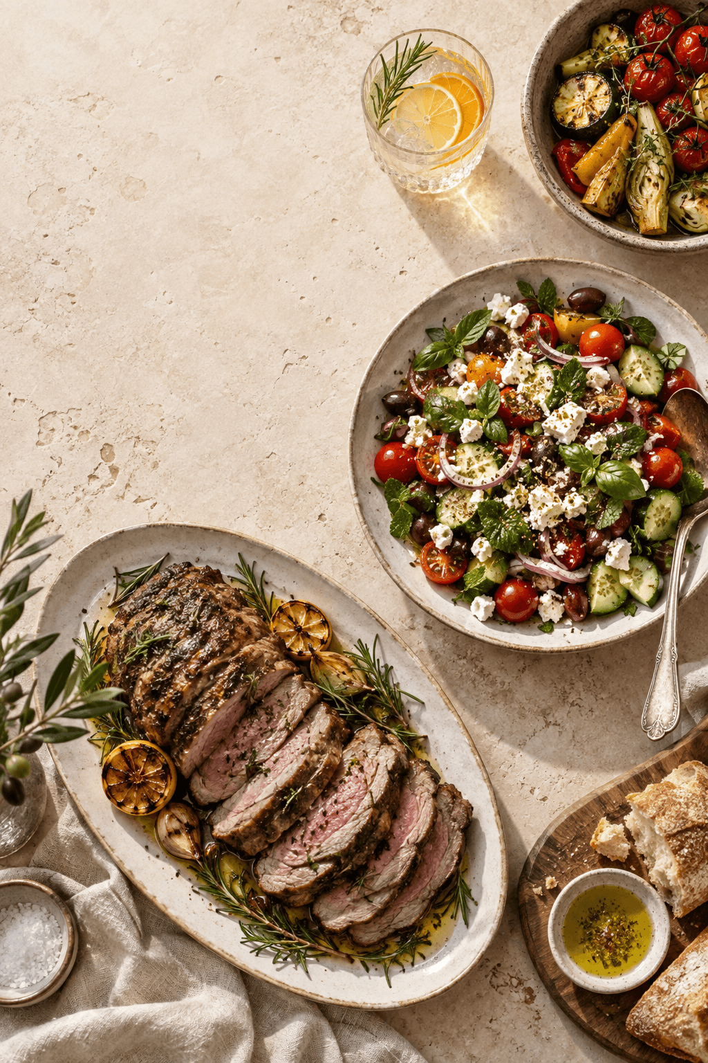 An overhead spread of chef-prepared dishes: sliced lamb, a chopped salad and bread on a linen tablecloth