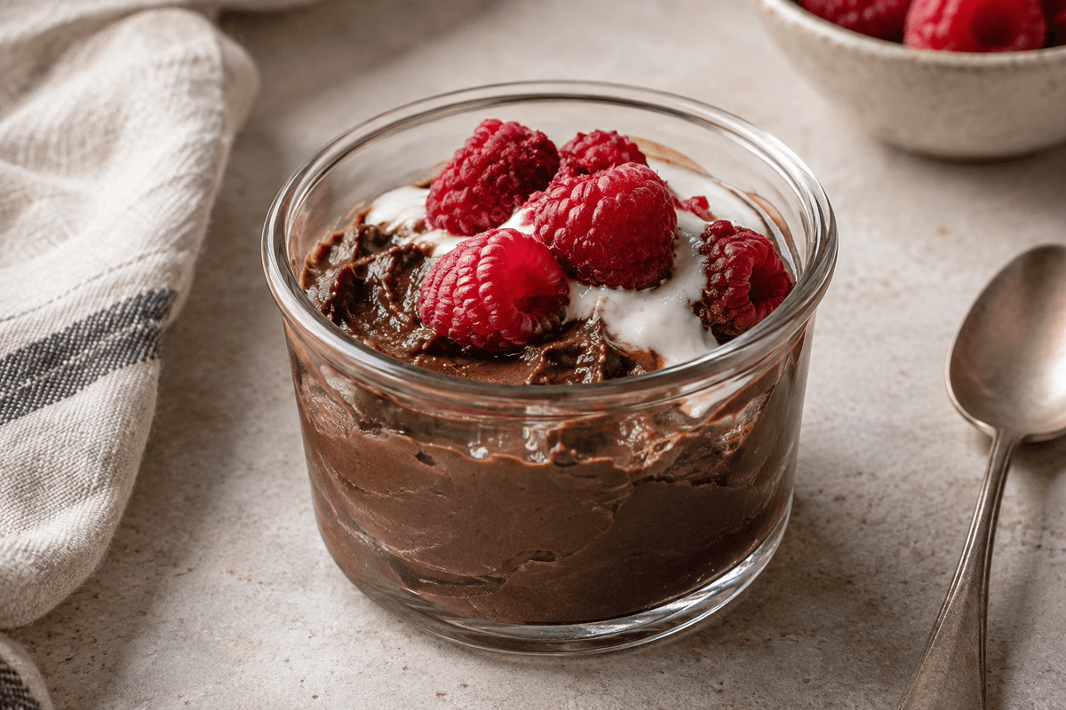 Avocado chocolate mousse in a glass, topped with coconut yoghurt and raspberries