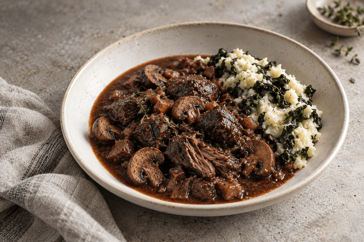 Beef bourguignon with mushrooms beside celeriac mash and greens