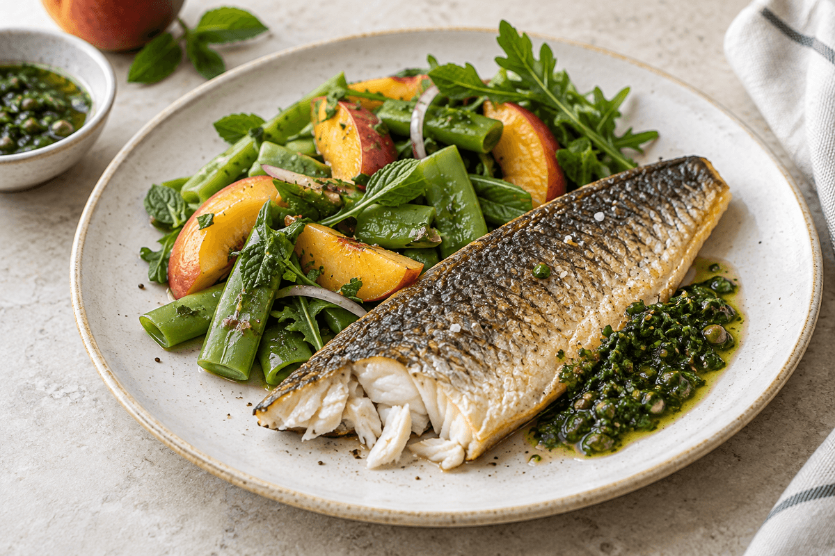 Roasted sea bass with salsa verde and a peach and green bean salad