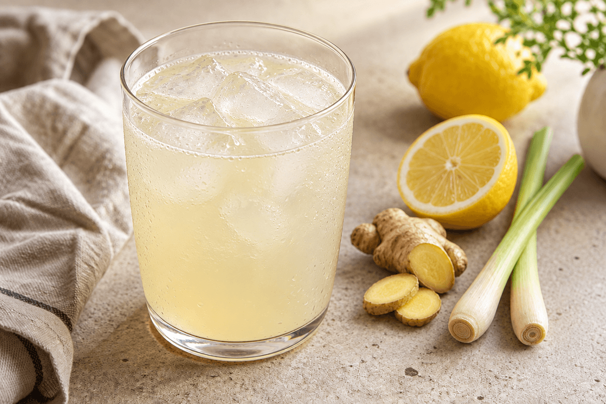 A glass of lemongrass and ginger lemonade with lemon, ginger and lemongrass stalks