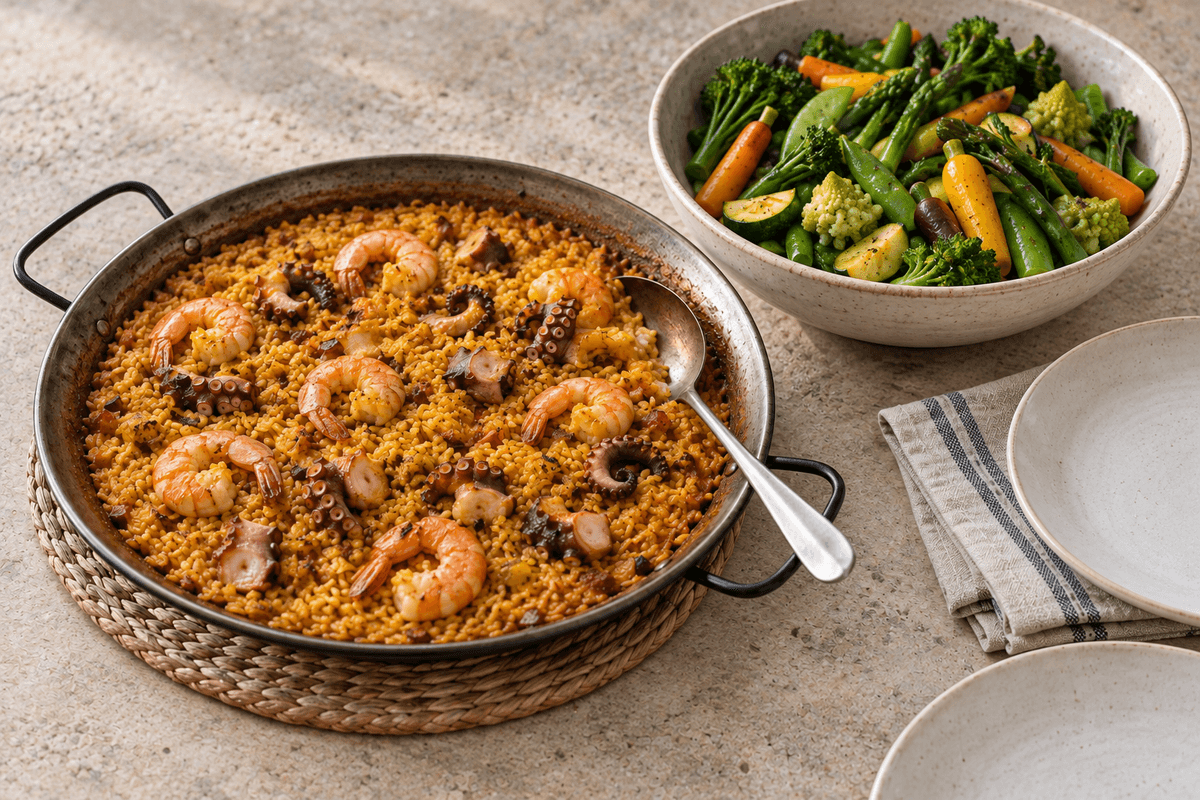 Paella-style rice with shrimp and octopus in a pan, with a bowl of steamed vegetables