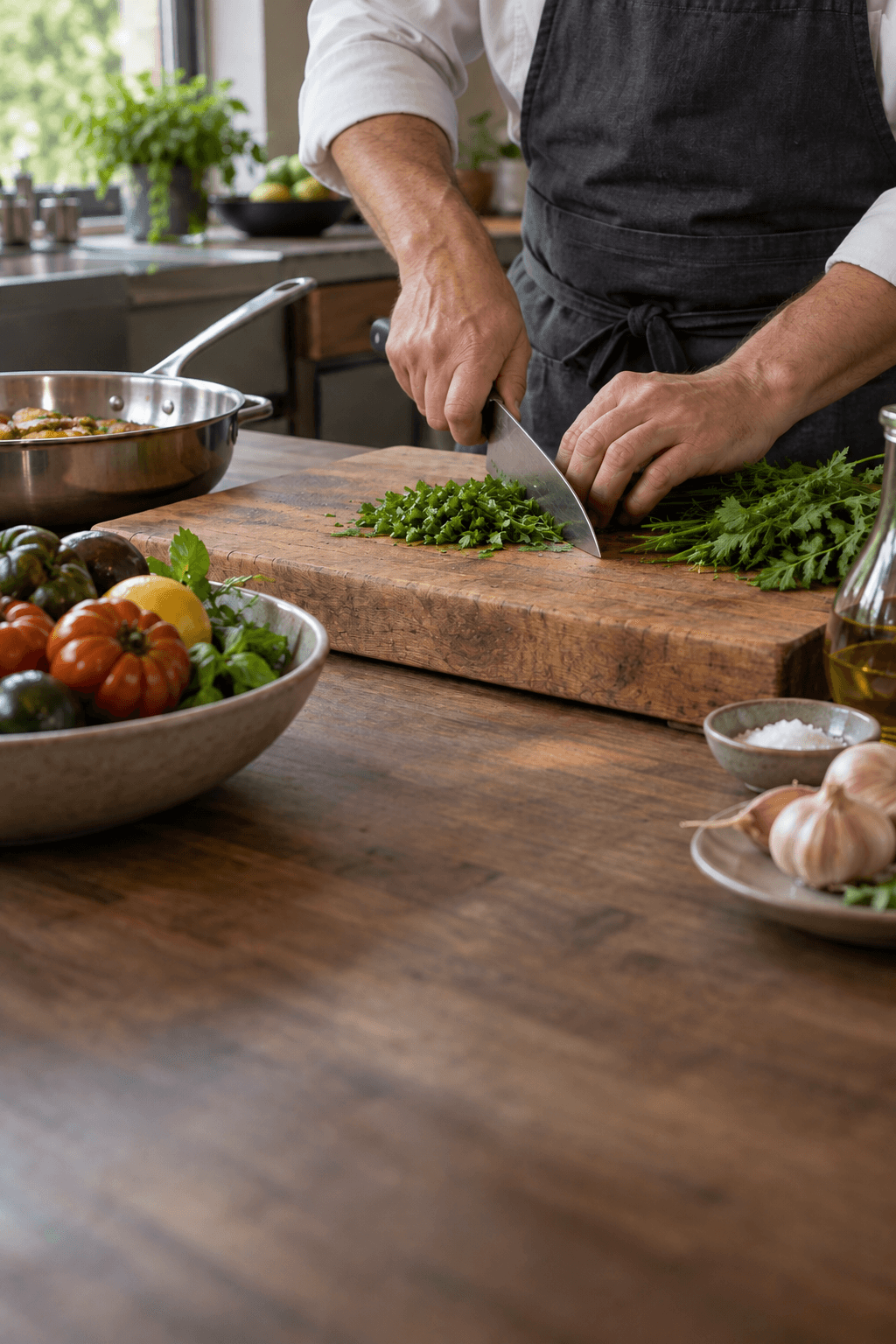 A chef in a dark apron chopping fresh herbs on a wooden board beside bowls of vegetables