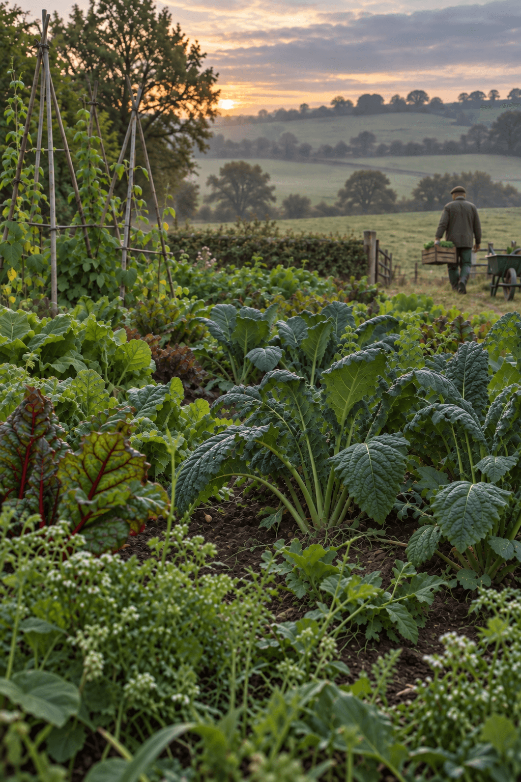 Rows of kale, chard and herbs in a market garden at dawn, with a grower walking between the beds