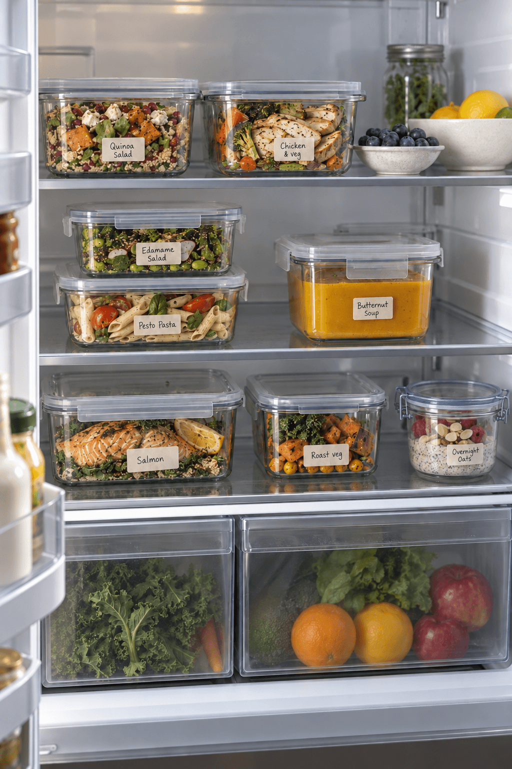 A fridge stocked with labelled glass containers of prepared meals, fruit and vegetables