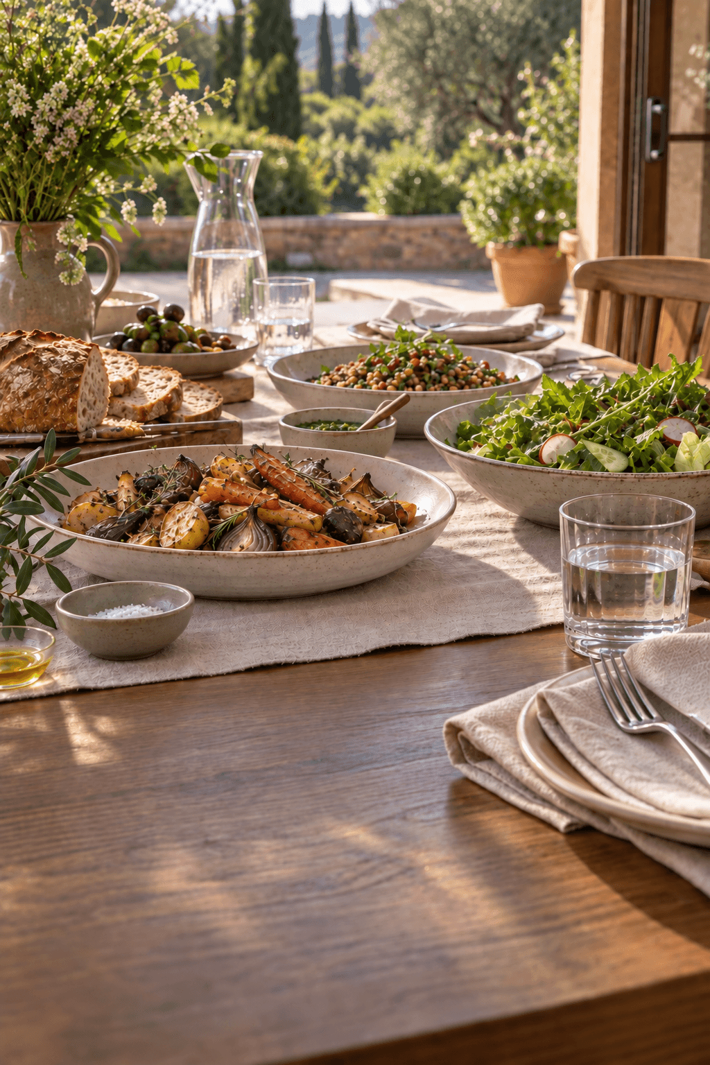 A table set for lunch on a sunlit terrace, with roast chicken, salad and a jug of water