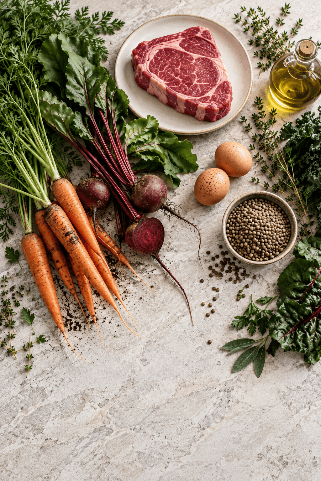 Raw ingredients on stone: carrots, beetroot, a ribeye steak, eggs, lentils, olive oil and herbs