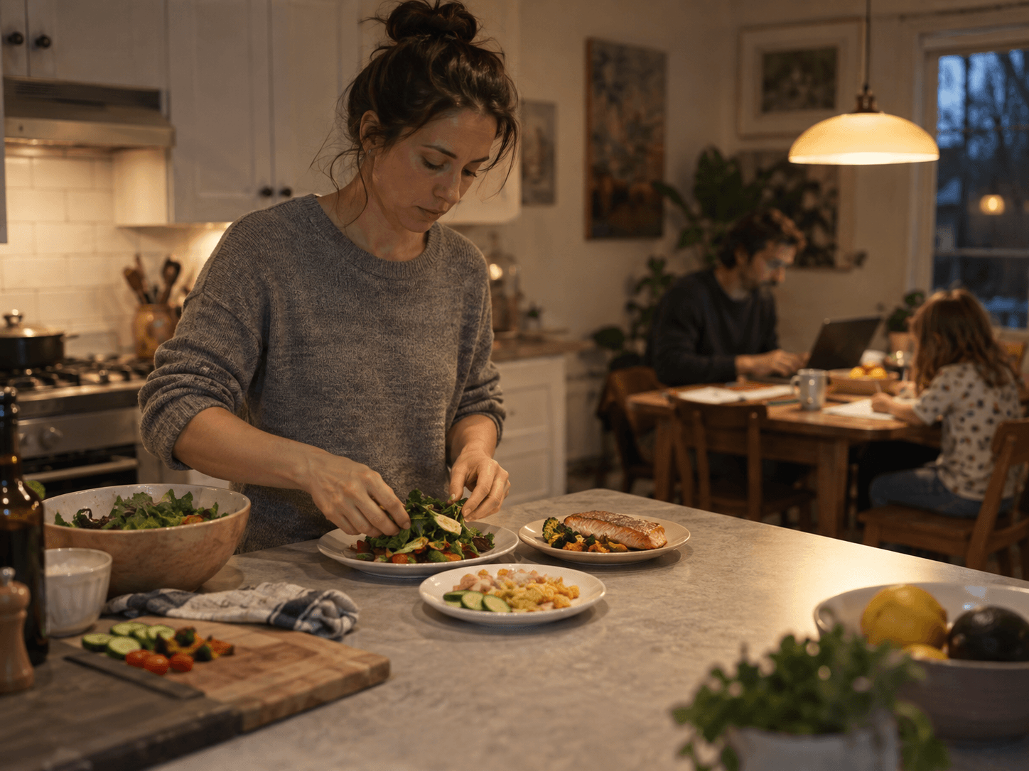 A woman plating three different dinners at a kitchen counter, with a man and a child at the table behind